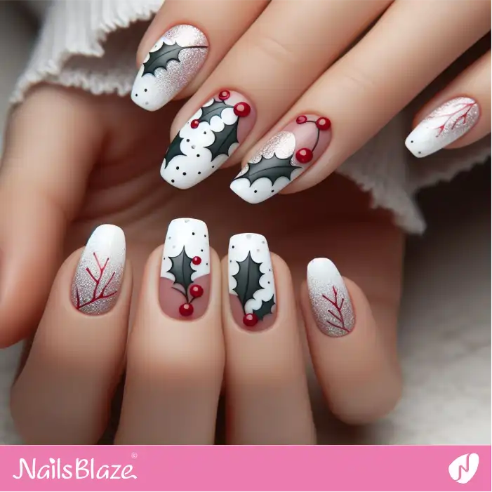 Winter Holly Leaf Nail Design | Nature-inspired Nails - NB1644